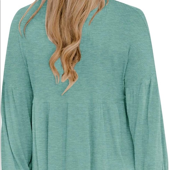 Clarisbelle Women V Neck Puff Sleeve Waffle Knit Peplum Tops - Picture 6 of 8